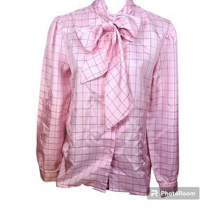 VINTAGE 70s Suburban Country Size 8 Light Pink Plaid Big Bow Neck Satin Blouse